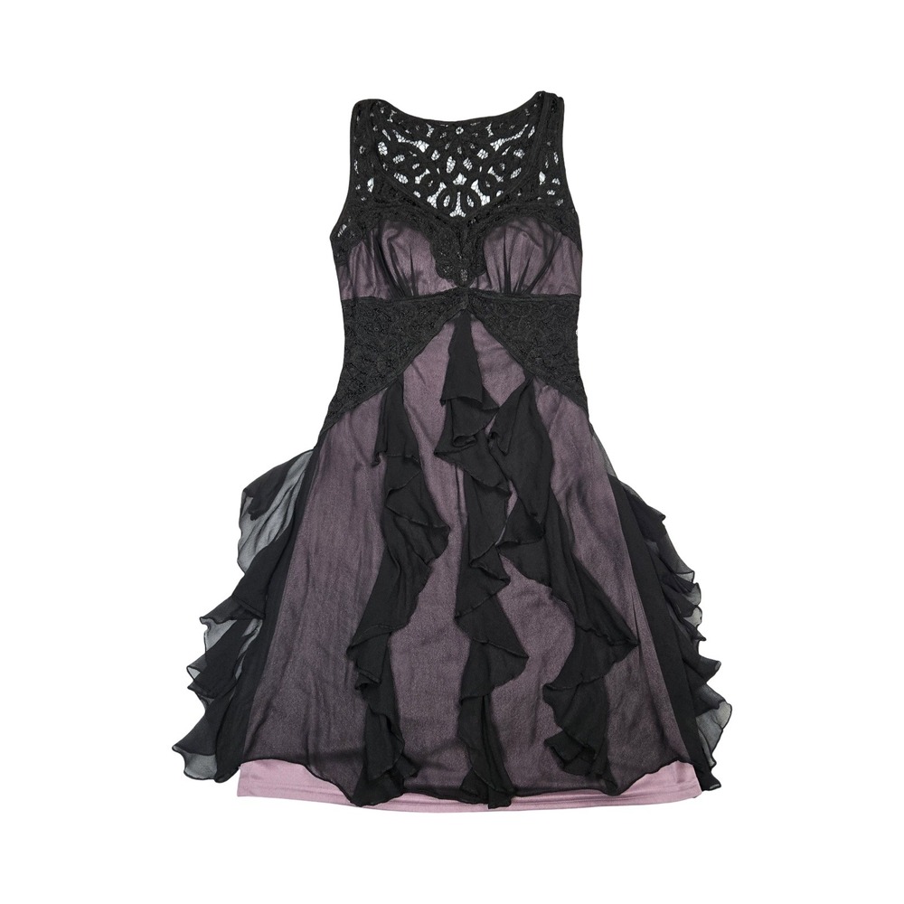 VTG Y2K Sue Wong Silk Lace Ruffle Cocktail Dress Black Lavender 4 Whimsigoth Alt